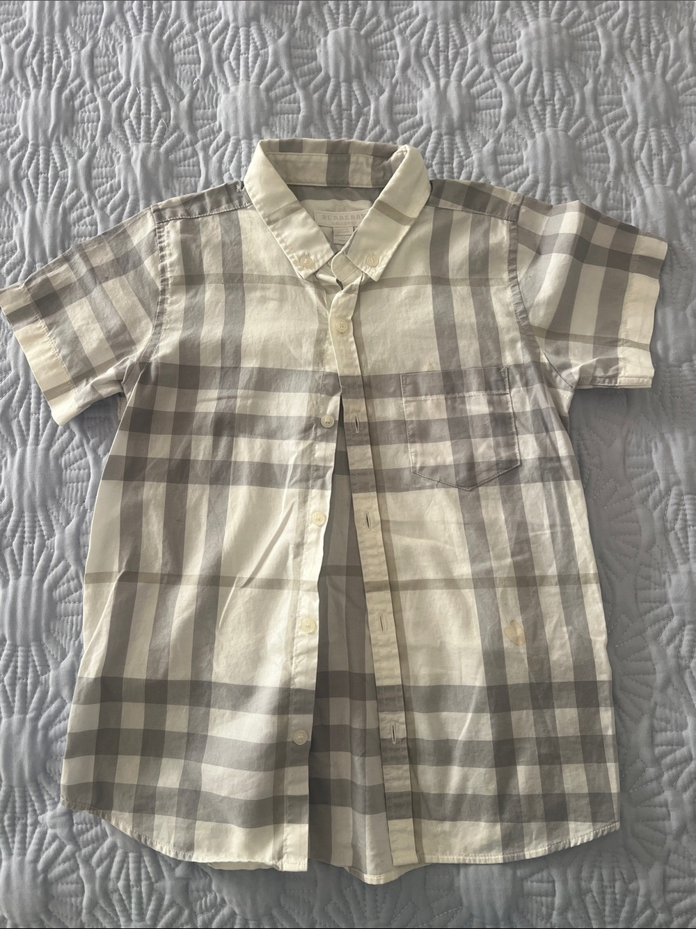 Burberry Cream and Tan Plaid Short-Sleeve Button-Down Shirt